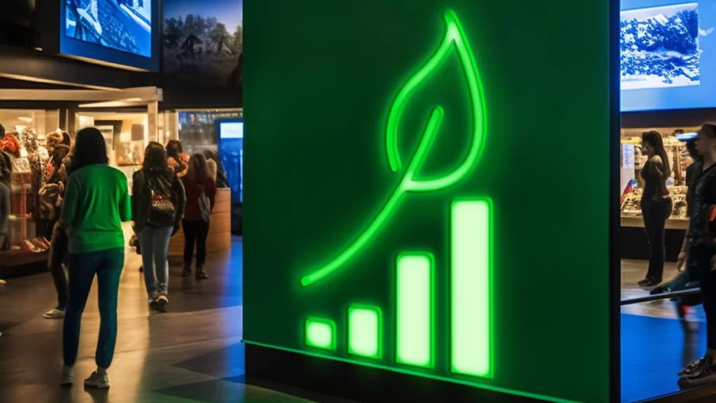 An image from the previous TechTextil with a green billboard display highlighting green industry