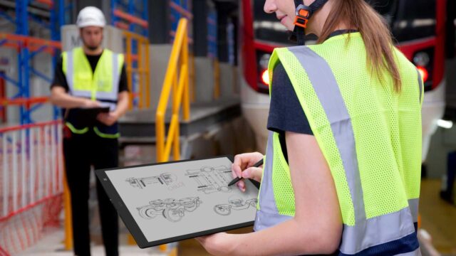 A female worker with a yellow safety vest holding an e ink tablet while writing on it