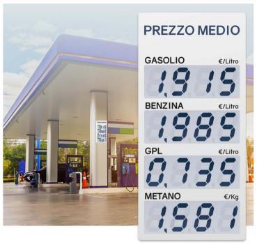 An electrochromic display showing prices at a gas station