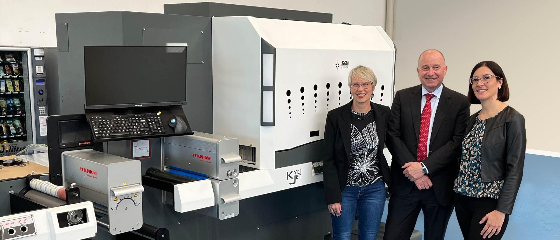 Vetaphone’s Giuseppe Rossi with SEI Laser Converting’s Purchasing Manager Raffaella Copetti at the company’s plant in Buja where Labelmaster machines are fitted with Vetaphone corona treaters