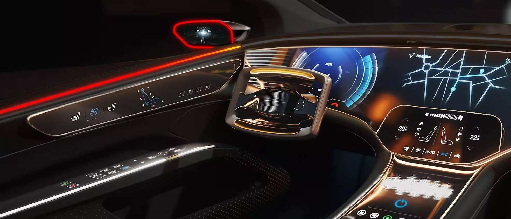 Car interior with ambient lighting and futuristic display designs