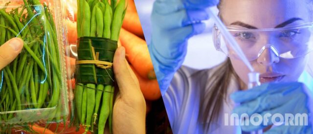 Conference header with vegetable packaging on the left, and a woman analysing a substance while wearing goggles on the right side