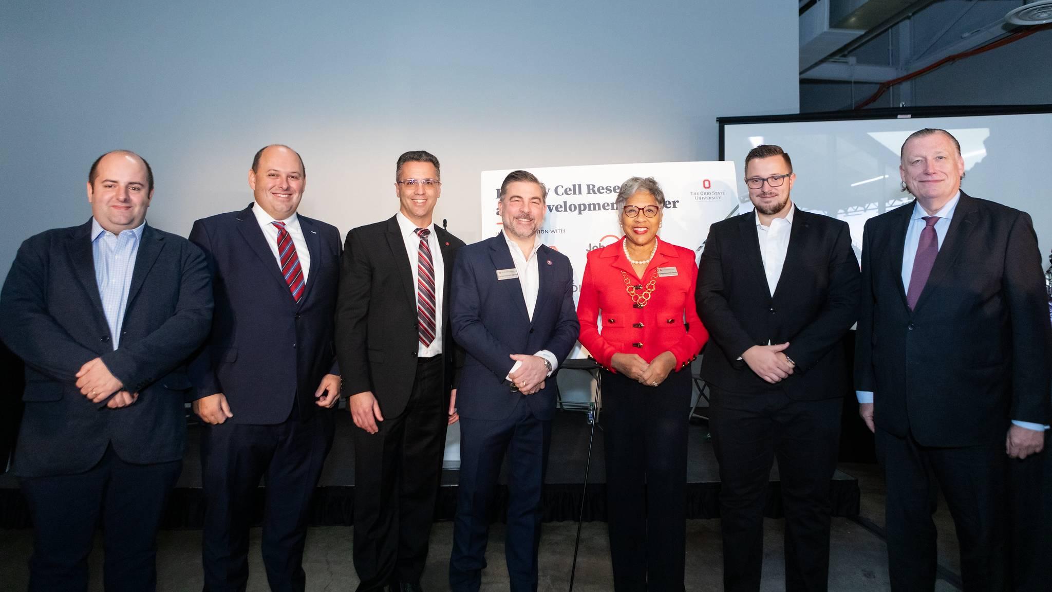 OSU’s battery center acting director Jay Sayre, with Congresswoman Joyce Beatty, Congressman Mike Carey, Coatema’s VP Thomas Kolbusch and the next Machinery Group team led by Tomi Belosevic at the announcement ceremony in Columbus, OH