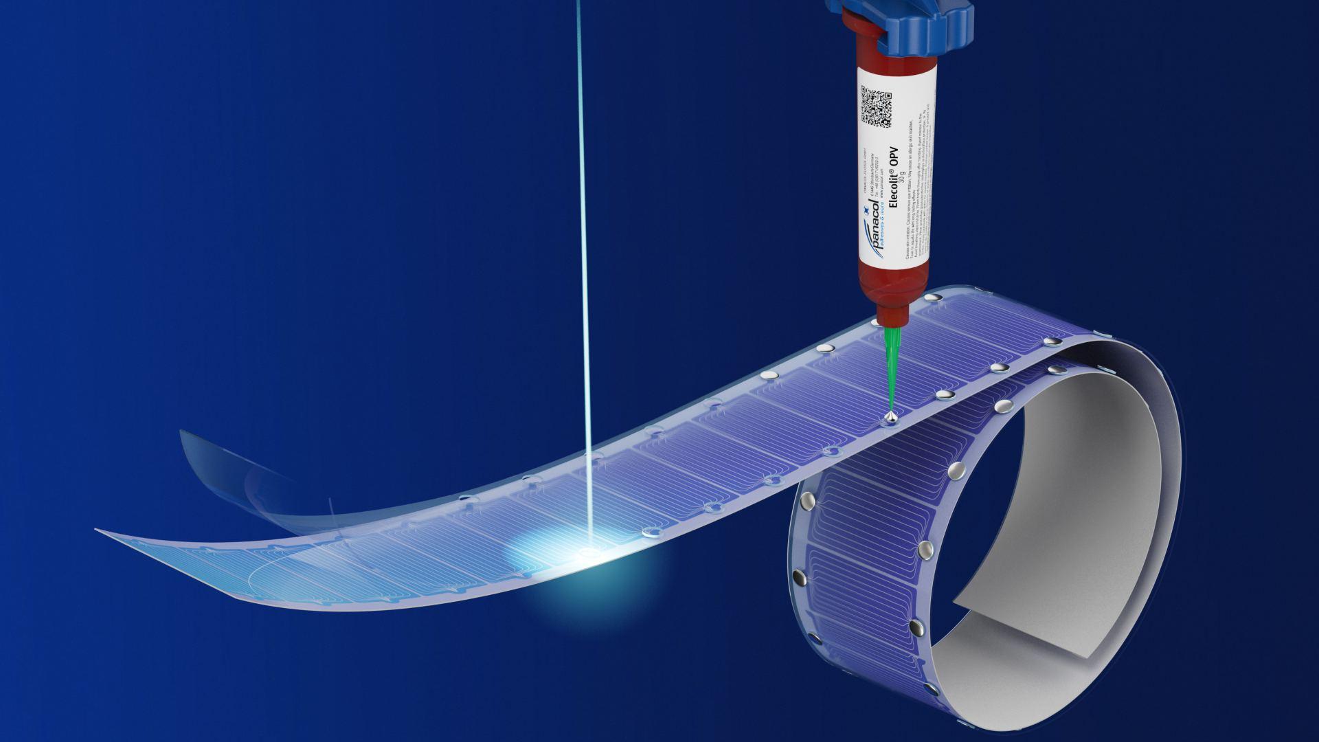 An electrically conductive adhesive is dispensed into laser-cut holes for the electrical connection of flexible solar films.