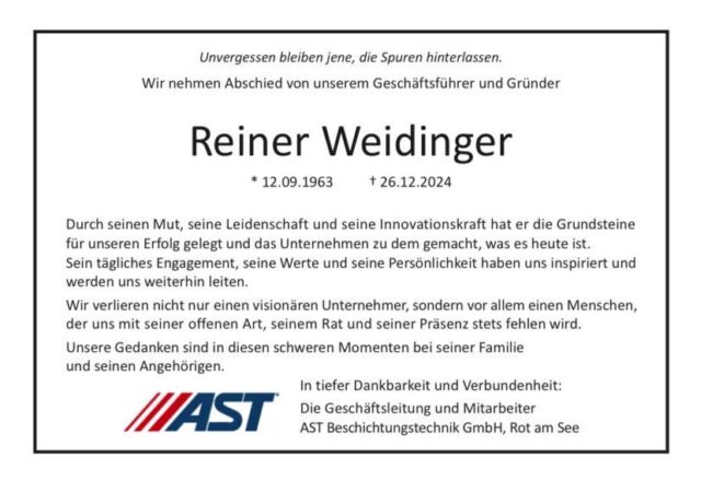 AST mourns the passing of Reiner Weidinger