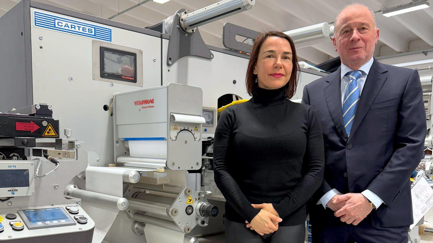 Enrica Lodi and Giuseppe Rossi on the production floor at Cartes manufacturing facility in Moglia, Italy