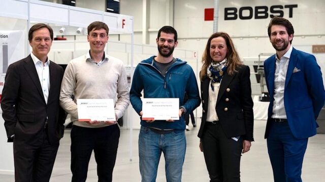 From left to right: Jean-Pascal Bobst, CEO Bobst Group; David Guillaume-Gentil, Mechanical Design Engineer; Paul Hornick, R&D Senior Mechanical Engineer; Sigrid Wagner, Group IP Director; Leonard Badet, Chief Technology Officer at BOBST