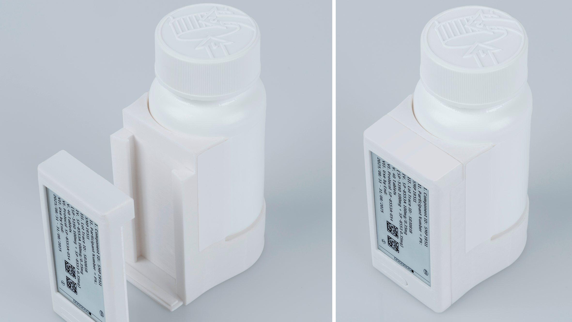 A reusable plastic adapter system enables reliable attachment of the Digital Display Label to a variety of packaging forms–from blister wallets to vials.
