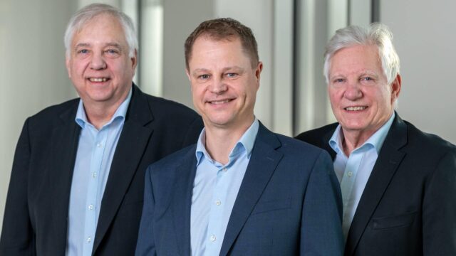 Michael Behrens is the first CEO in the company’s history to be an outside appointment – he is seen here with Jan and Frank Eisby, whose father, Verner founded the company in the 1950s