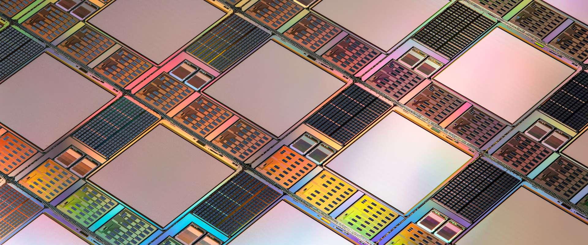 SWISSMODICS wafer prior to dicing, showing the Read-Out-Integrated Circuit (ROIC) and test structures
