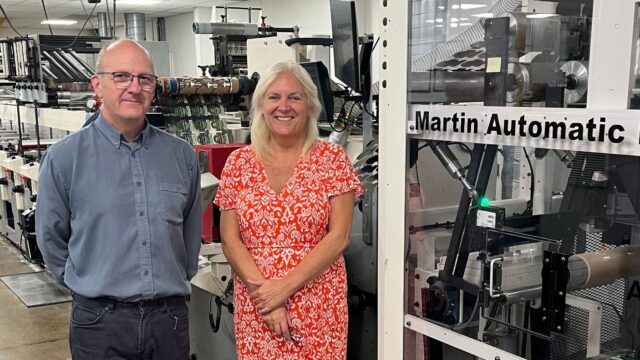 Zenna Parfaniuk and Jamie Hyde with The Label Makers’ new Martin Automatic MBS fitted to an MPS flexo press