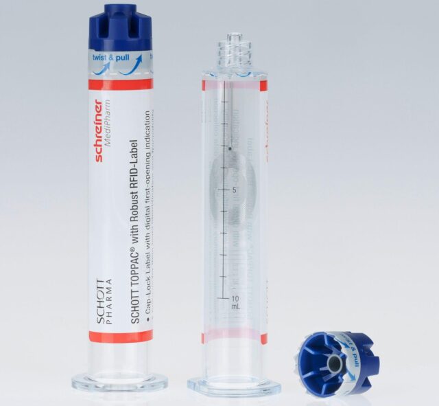 The Cap-Lock Label from Schreiner MediPharm wraps around the syringe and cap, irreversibly indicates first opening, and additionally offers a digital first-opening indication due to an integrated RFID chip.