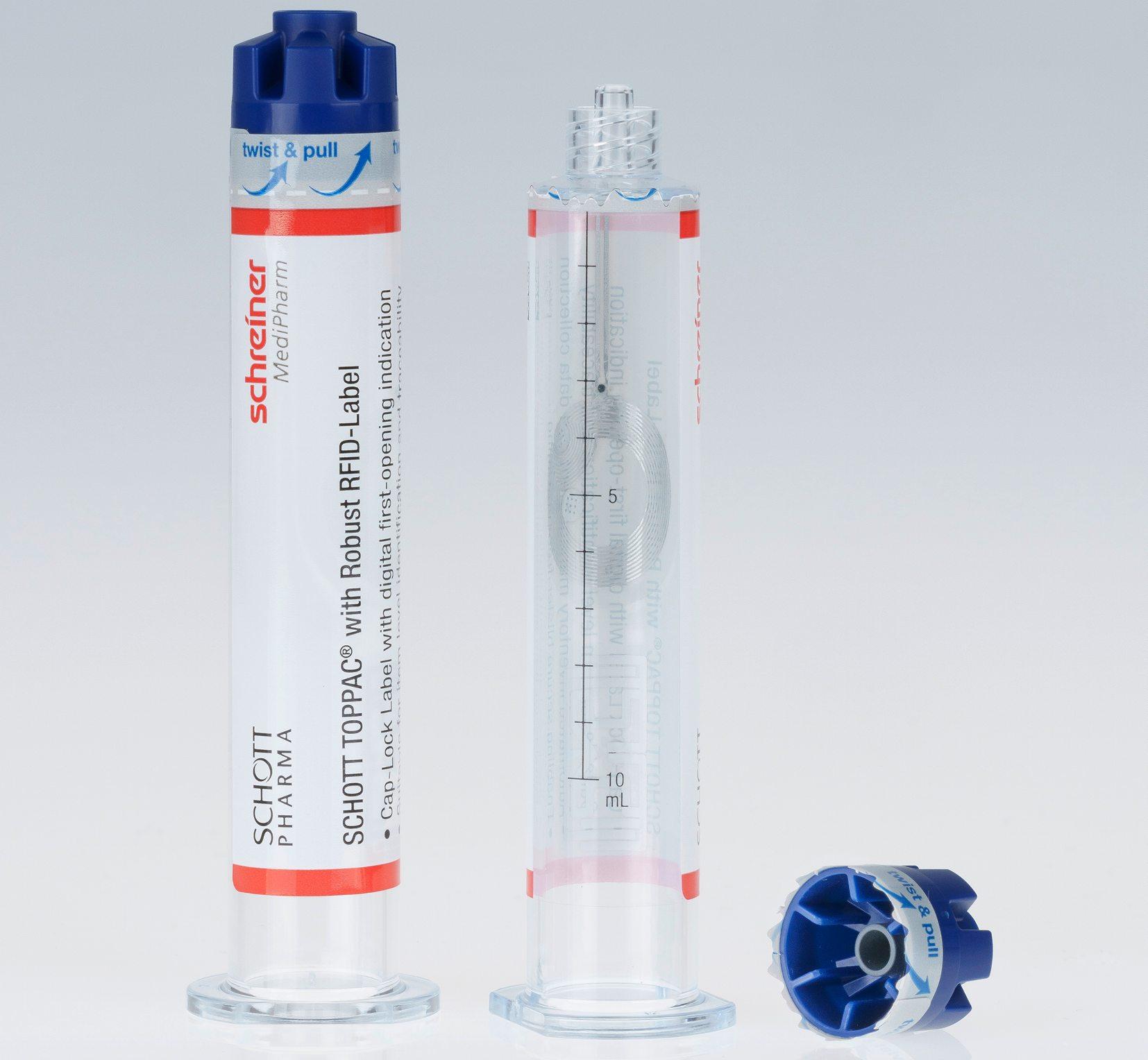 The Cap-Lock Label from Schreiner MediPharm wraps around the syringe and cap, irreversibly indicates first opening, and additionally offers a digital first-opening indication due to an integrated RFID chip.