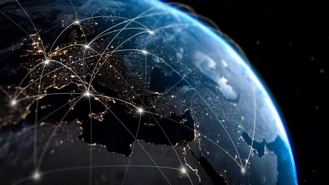 World map with yellow connecting lines