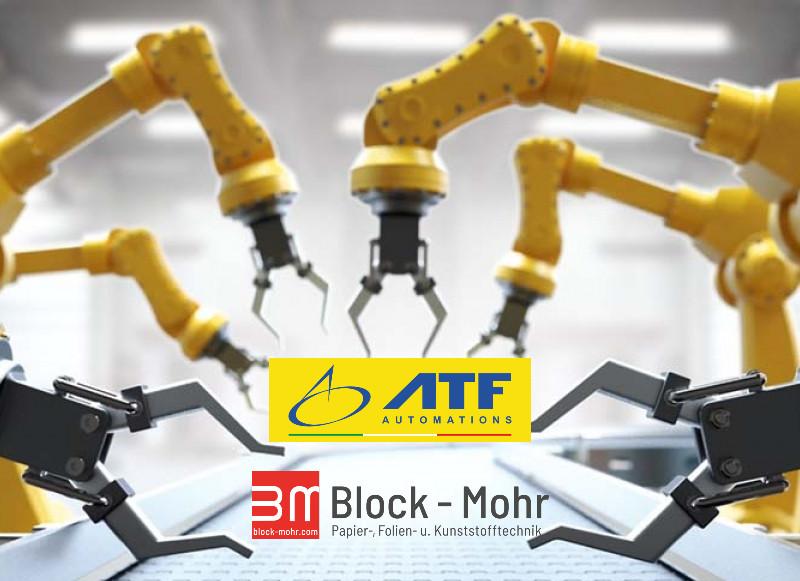 Company logos of Block+Mohr and ATF with robots in the background