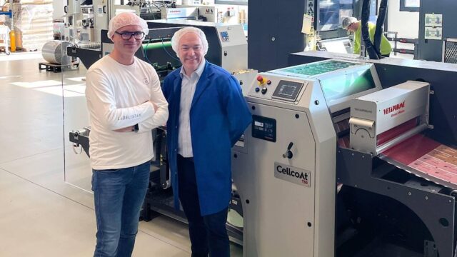 Frank Plechschmidt and Jonathan Smith with the first Cellcoat thermal laminator installed at Labelisten