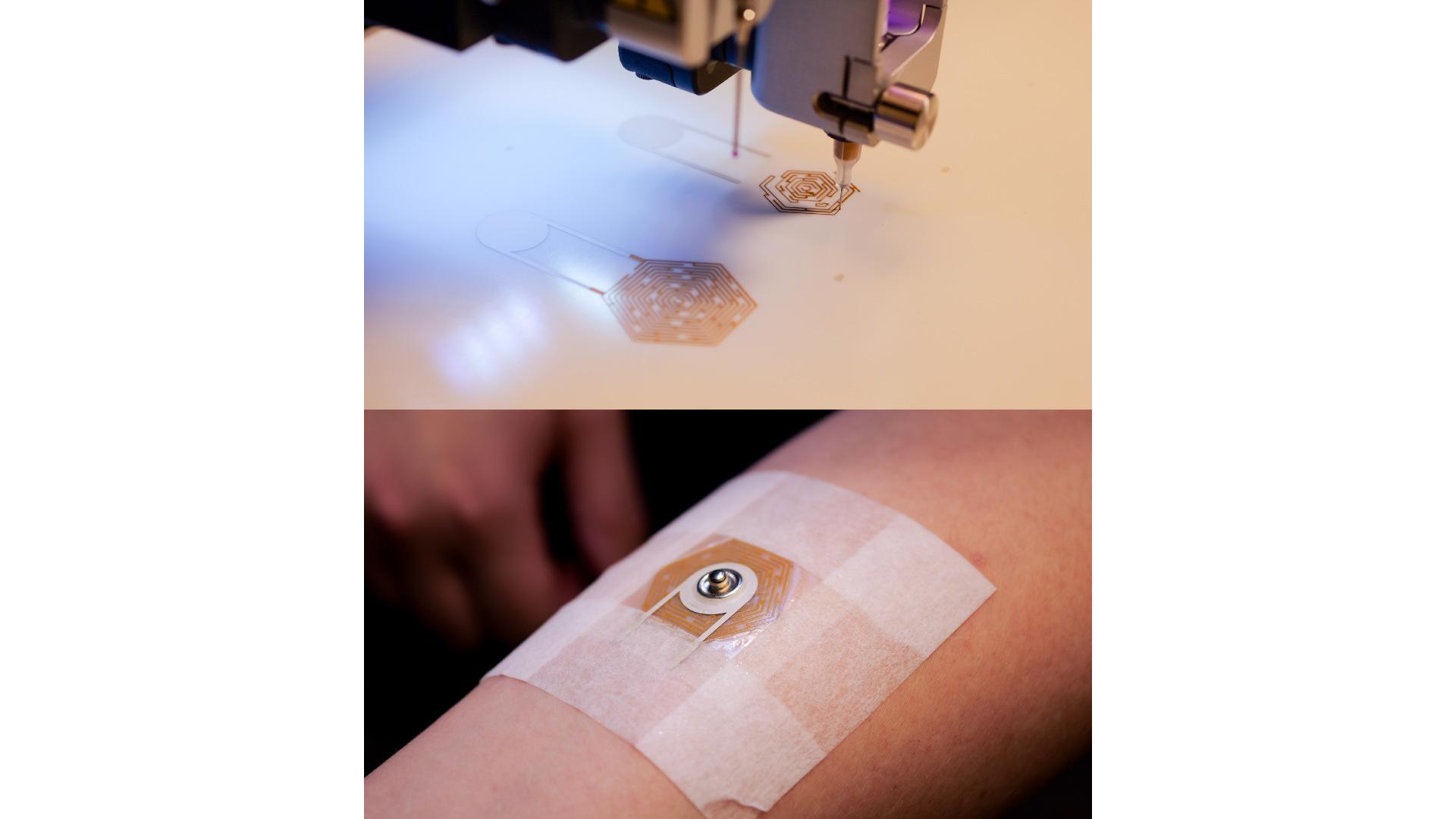 Top: NOVA dispensing gold ink to make ECG electrodes. Bottom: One electrode conforming to a person's arm.