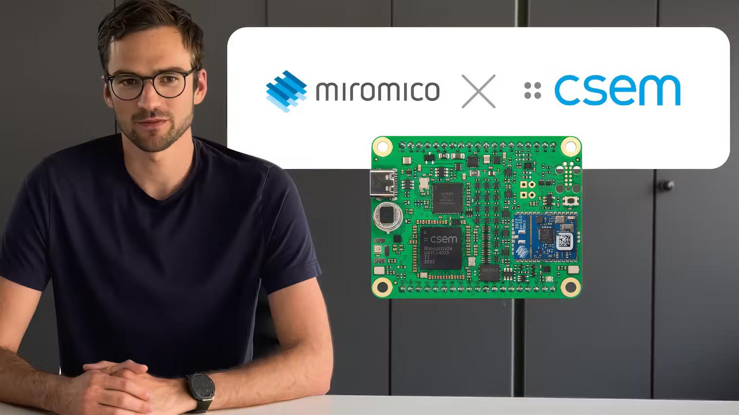 Compact battery-powered node combining CSEM’s ultra-low-power Fibonacci AI chip with Miromico’s wireless communication module.
